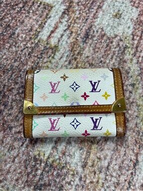 Louis Vuitton Monogram Multicolor Porte-Monnaie Plat Coin Purse White Authentic